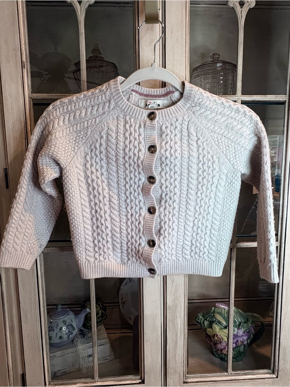 Mini Boden Cotton-Blend Oatmeal Cream Cable-Knit Button Cardigan